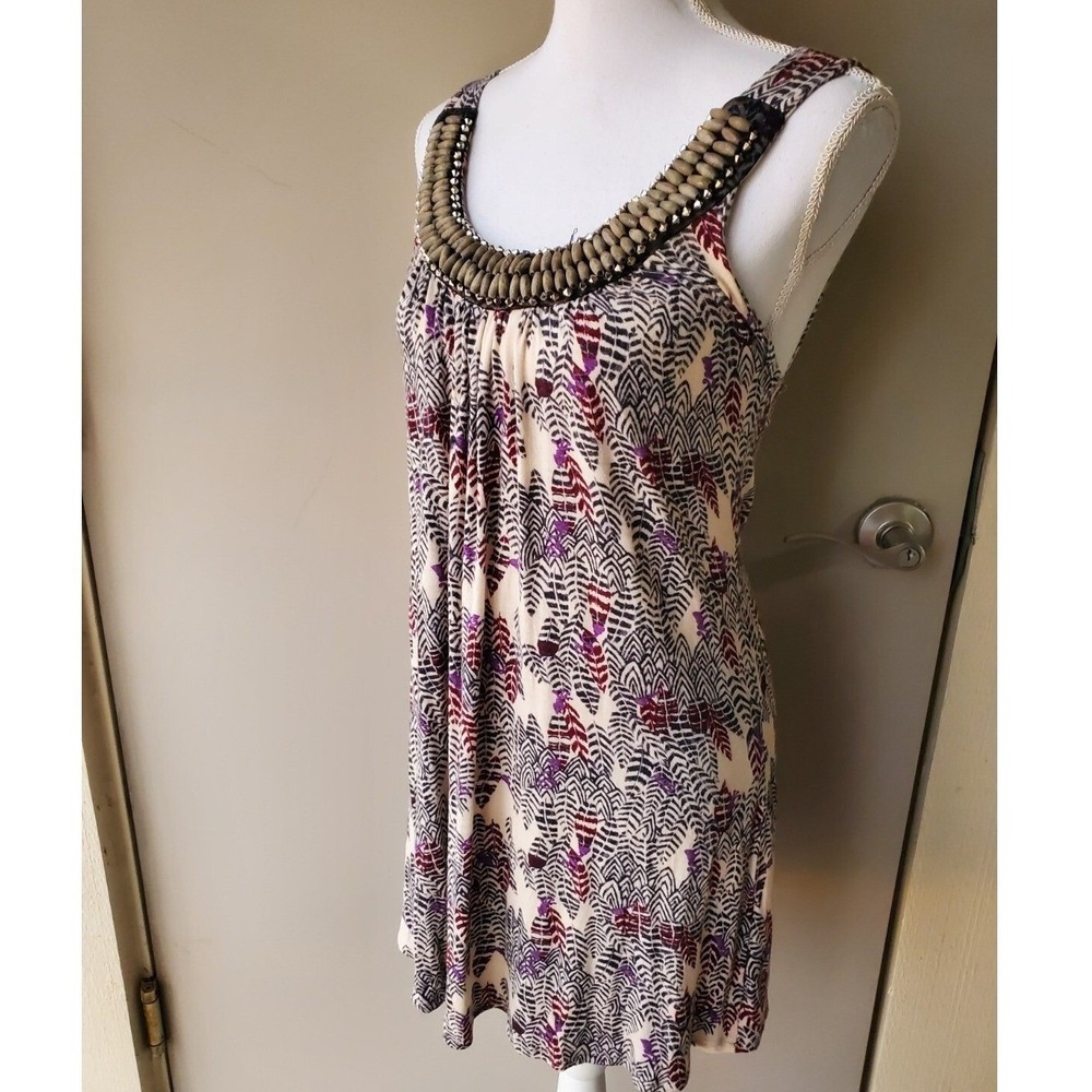 Bella D Beaded Neck Dress Womens Feather Print Tank Mini Boho Summer‎ USA